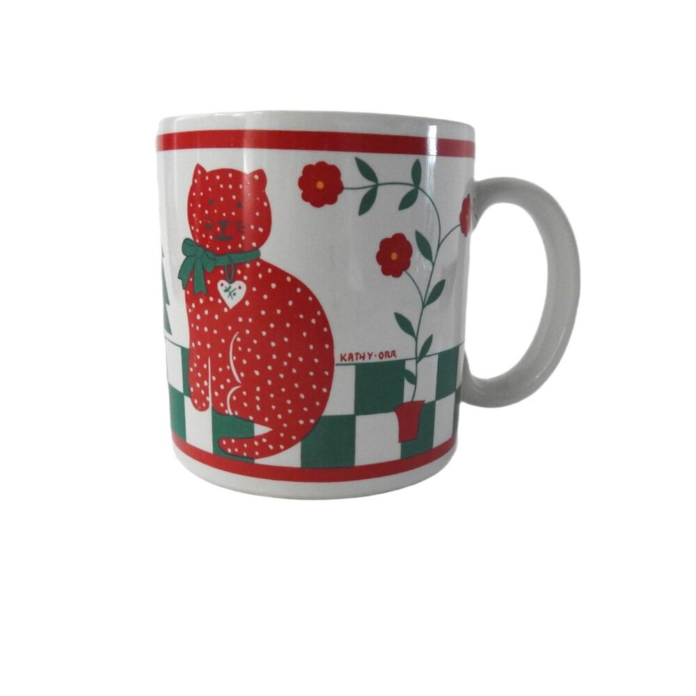 Vintage Kathy Orr Christmas Mug Red Calico Cat Christmas Tree 1986 Korea